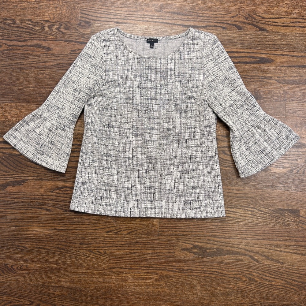 Talbots Blouse Womens Small Black White Cross Hatch Bell Sleeve Scoop Neck Top